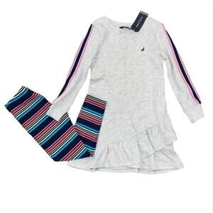NWT Nautica Girls' Grey Ruffle Logo Dress (SZ 4) & Navy Stripe Leggings (SZ 4T)